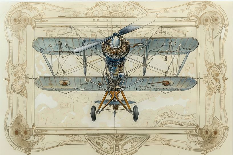 Detaillierte Zeichnung eines Oldtimer-Doppeldeckers - "Vintage Wings" von Peter Pen Zeichnungen und Gemälde