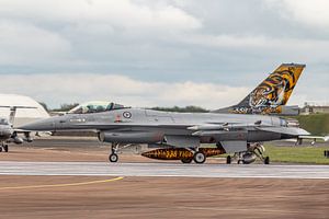 Eine norwegische F-16 mit Tigerbemalung fliegt zum Heimatflughafen.
