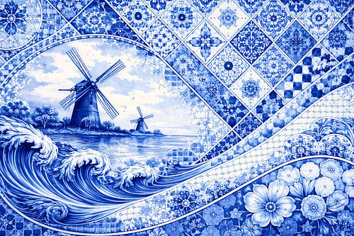 Delft Blue Horizon with Windmill and Waves