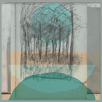 Moderne abstrakte Mixed Media Kunst. Collage mit einer Landschaft mit Bäumen in beige, grün, blau von Dina Dankers