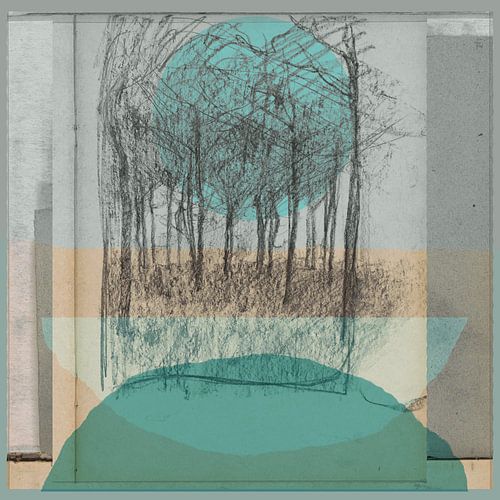 Art moderne et abstrait. Collage avec un paysage avec des arbres en beige, vert, bleu