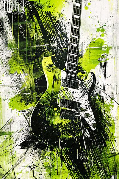 Abstrakte Gitarrenkunst mit leuchtenden Farbtupfern von Art & Soul Creations