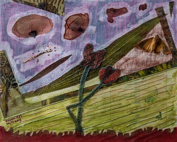 Embroidered tulips poppy seeds moth leaf by Susan Hol