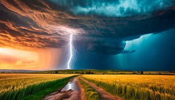 Tornado storm, bliksem en donkere wolken in het landschap van Mustafa Kurnaz