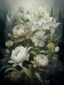 Klassisches Blumenstillleben mit weißen Blüten und grünen Blättern