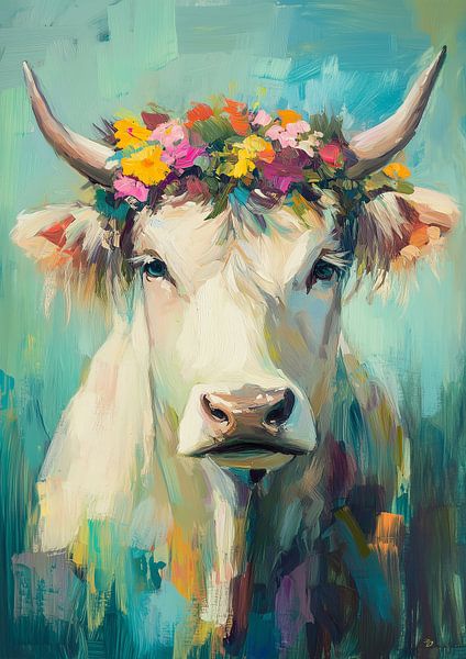 Vache avec couronne de fleurs par Liv ter Riet