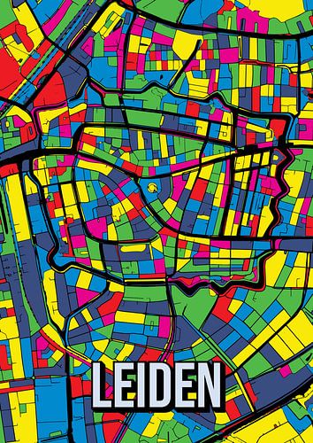 Leiden: Kleurrijk stadsplan - Abstracte kunstposter voor aan de muur