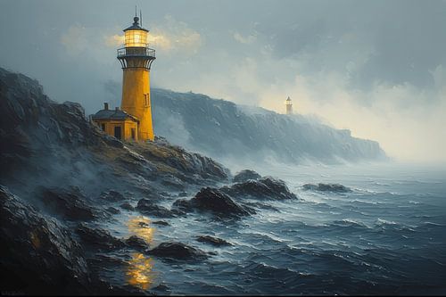 Côte brumeuse avec phare – Illustration conceptuelle cinématographique représentant un paysage marin atmosphérique