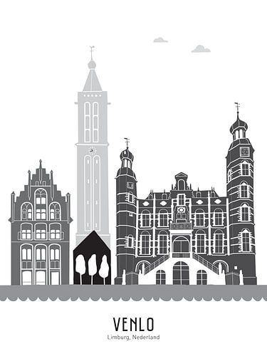 Skyline illustratie stad Venlo in zwart-wit-grijs