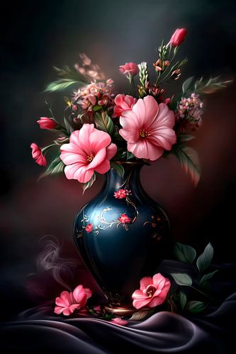 Mystische Blumenpracht I Schwarze Vase mit rosa Blumen