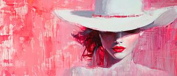 Vrouw met witte hoed voor rode achtergrond van Poster Art Shop