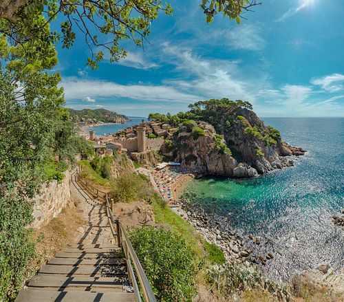 Camí de Ronda overlooking the old city wall and Cap de Tossa, Tossa de Mar,