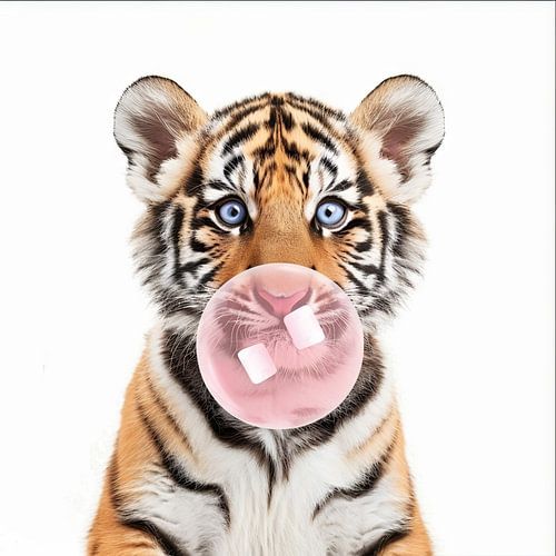 Tiger cub with chewing gum bubble