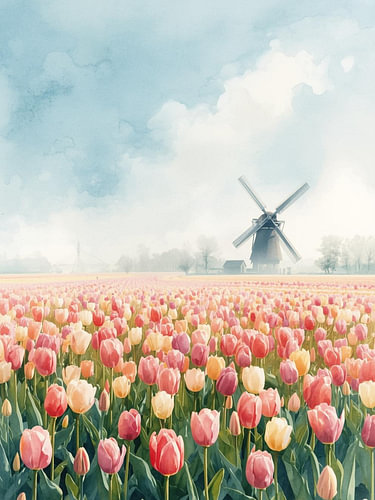 Field of tulips with a windmill