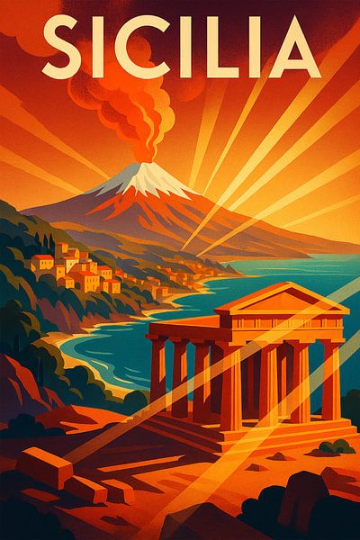 Sicilia Art Deco Poster – Mount Etna &amp; Ancient Temples by Travel Shop