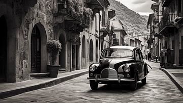 Voiture ancienne dans une rue italienne, photographie en noir et blanc sur Animaflora PicsStock