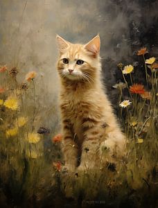 Chaton orange parmi les fleurs sauvages