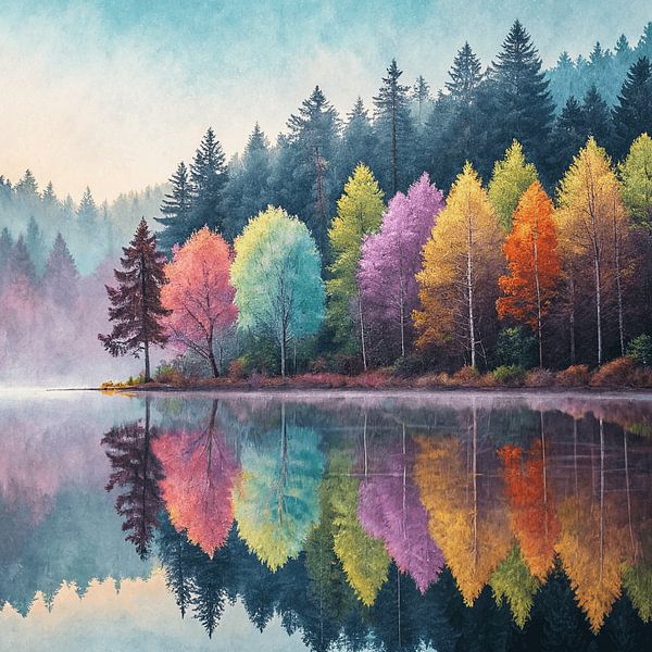 Vibrant Autumn Lake Reflection - A Breathtaking Display of Colorful Trees and Serene Waters by Artistic