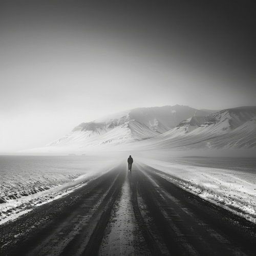 Einsamer Wanderer – Schwarz-Weiß-Fotografie einer endlosen Straße