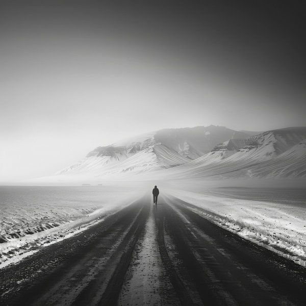 Lonely hiker - black and white photograph of an endless road by Poster Art Shop