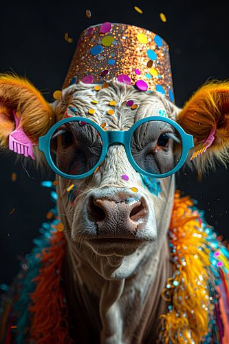 Grappige verjaardag met koe in jaren 60 disco mode
