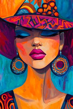 Coloured portrait lady with hat and earrings by Poster Art Shop