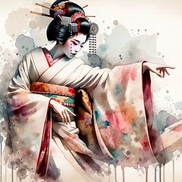 Aquarel Geisha Danseres #4 van Chromatic Fusion Studio