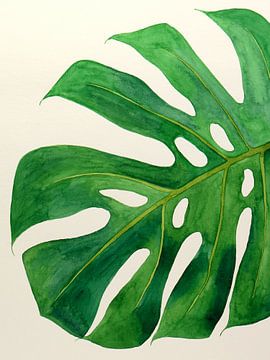 Philodendron monstera blad nr 2 van 3 (aquarel schilderij bloemen groen kamerplant natuur jungle) van Natalie Bruns