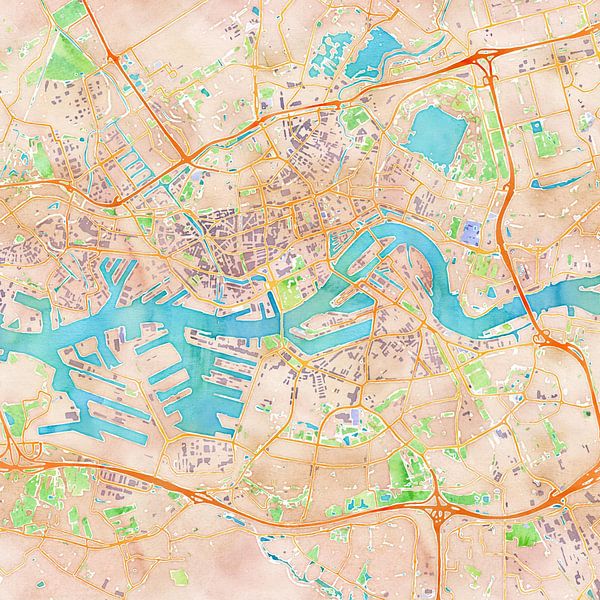 Kaart Rotterdam in waterverf (2) van Creatieve Kaarten