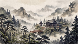 Misty Japanese Mountain Temple Landscape by my pixel art