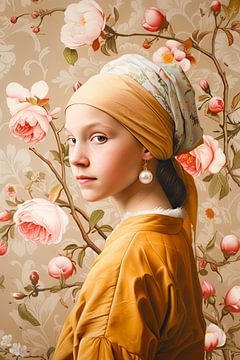Girl with a pearl earring with flowers and spring branches by Vlindertuin Art