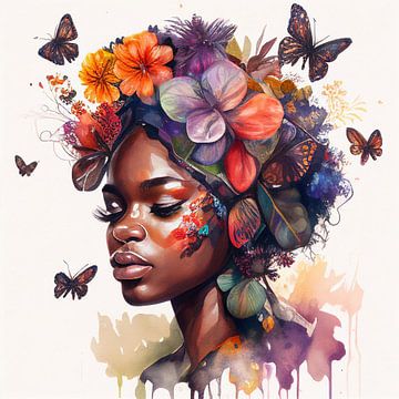 Aquarel vlinder Afrikaanse vrouw #2 van Chromatic Fusion Studio