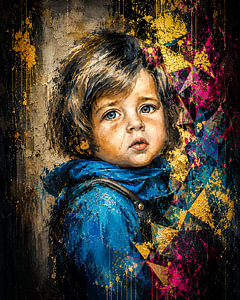 Abstract portret van huilend kindje met gouden accenten en kleurrijke geometrische fragmenten