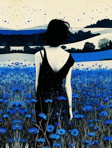 Dreamscape Blauw Wildebloemenveld Muurkunst - Moderne Minimalistische Vrouw Silhouet Landschap Print