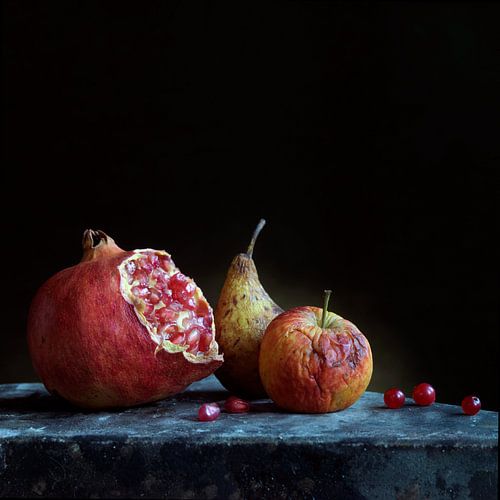 Stilleben mit Granatapfel, Apfel und Birne