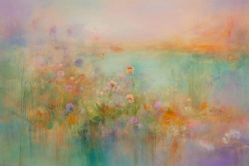 Abstract Schilderij - Pastel Bloemen en Zachte Turquoise Horizon