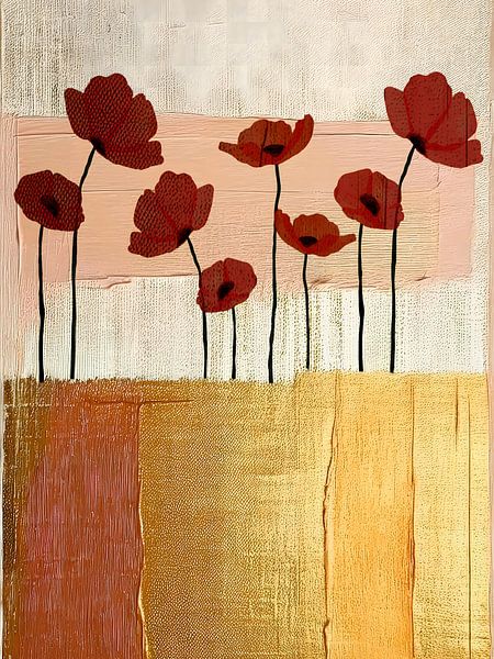 Abstract collage of Poppies on gold by Studio Pieternel