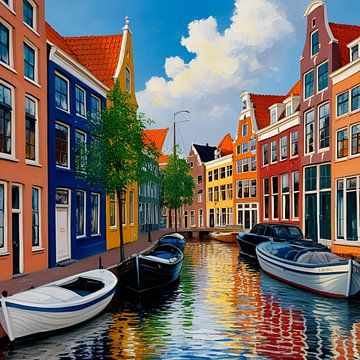 Kleurrijke Utrecht Grachtenpand Schilderij van ComfortQ