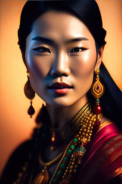 Asian lady IV. Ethnic portrait. digital painting of asian tribal lady with earth tone colors by Dreamy Faces