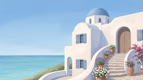 Villa blanche à Santorin, au bord de la mer