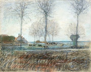 Boerderij, drie hoge bomen op de voorgrond, Piet Mondriaan