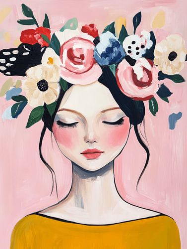Het bloemenmeisje, modern portret in pastelkleuren