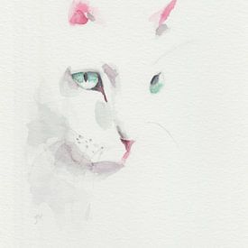 Hand painted watercolor with white cat. Minimalist style. by Yvette Stevens