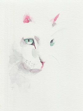Handgeschilderde aquarel met witte kat. Minimalistische stijl. van Yvette Stevens