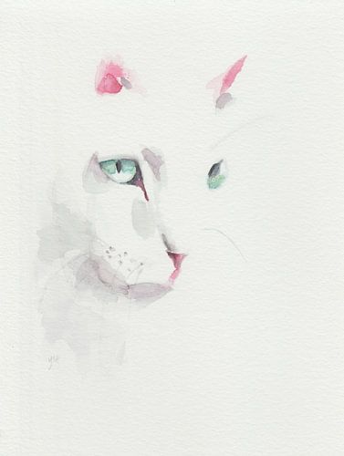 Aquarelle peinte à la main avec un chat blanc. Style minimaliste. sur Yvette Stevens