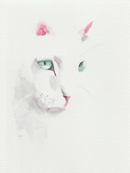 Hand painted watercolor with white cat. Minimalist style. by Yvette Stevens