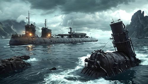 Arctic harbour scene with submarine, photorealistic