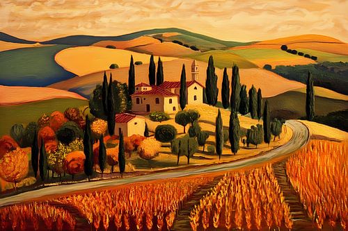 Kleurig landschap Toscane in de herfst, naïeve kunst