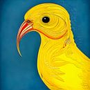 Illustratie van gele vogel met grijs blauwe turquoise achtergrond - decoratieve art print van Lily van Riemsdijk - Art Prints with Color thumbnail