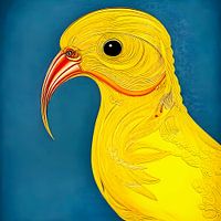 Illustratie van gele vogel met grijs blauwe turquoise achtergrond - decoratieve art print